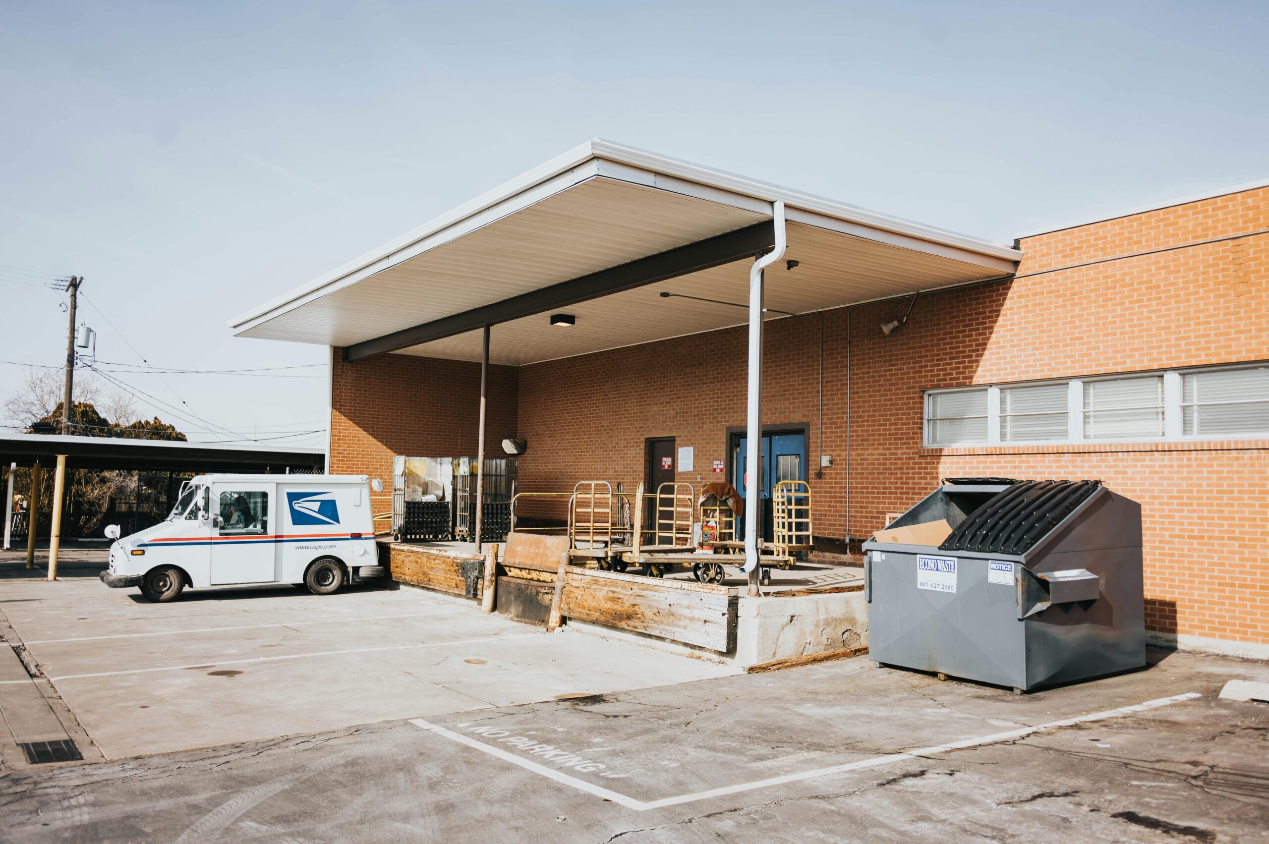 Commercial warehouse building with loading area