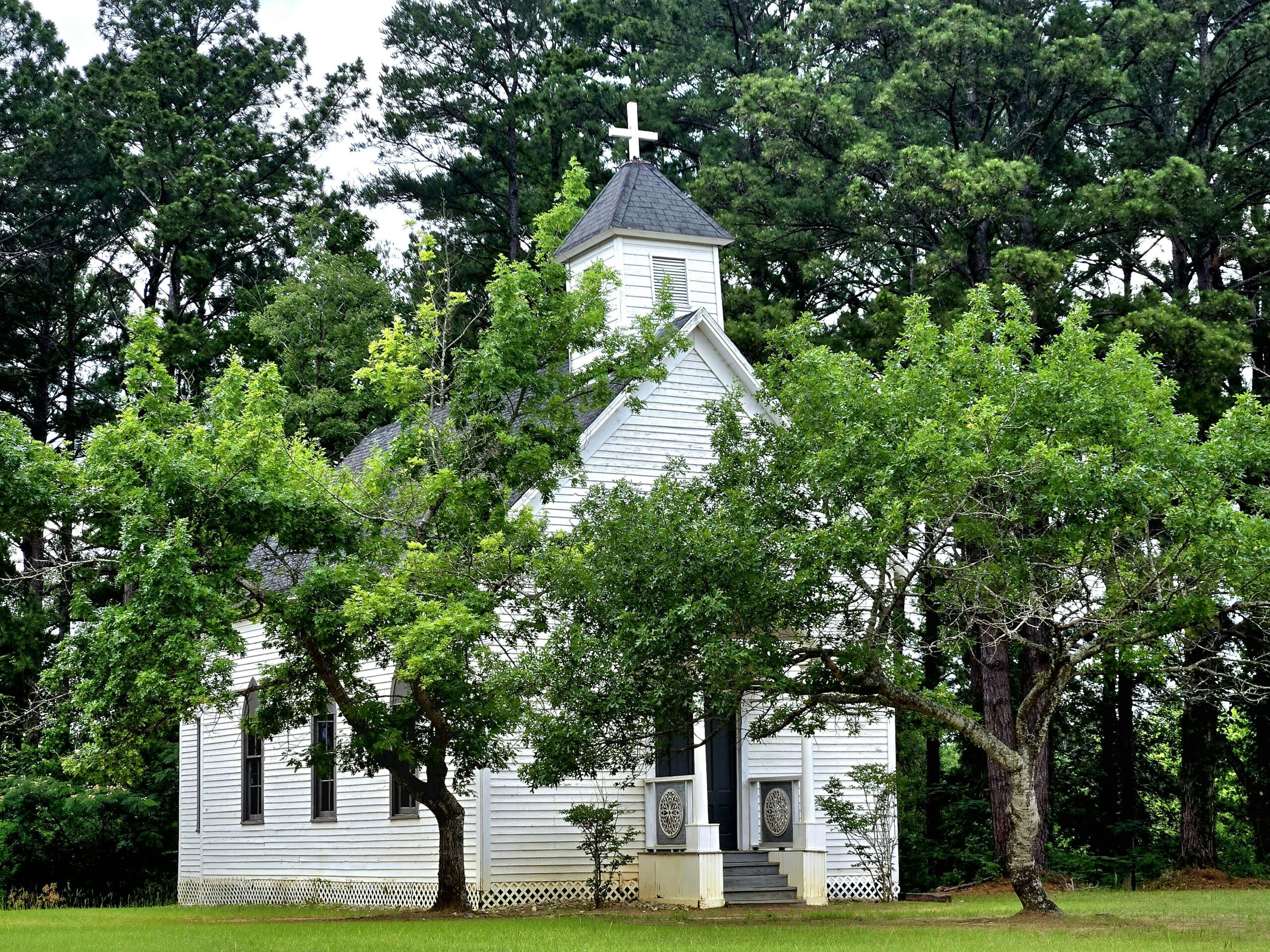 Church building surrounded by mature trees
